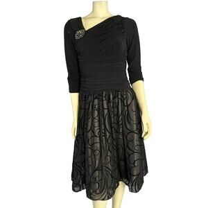 S.L. Fashions Black Ruched Embellished 3/4 Sleeves Fit Flare print dress size 6